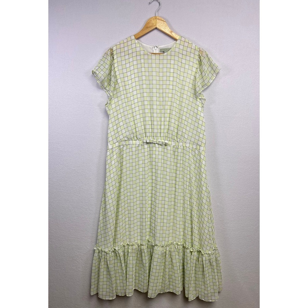 Cottagecore Ryegrass Womens XXL Green White Grid Ruffle Hem Flutter Sleeve Dress